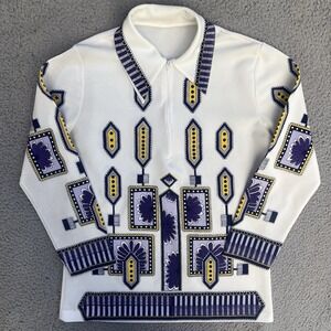 VTG 70s Collared Geometric Graphic Flower Floral White Yellow Blue 1/4 Zip Shirt